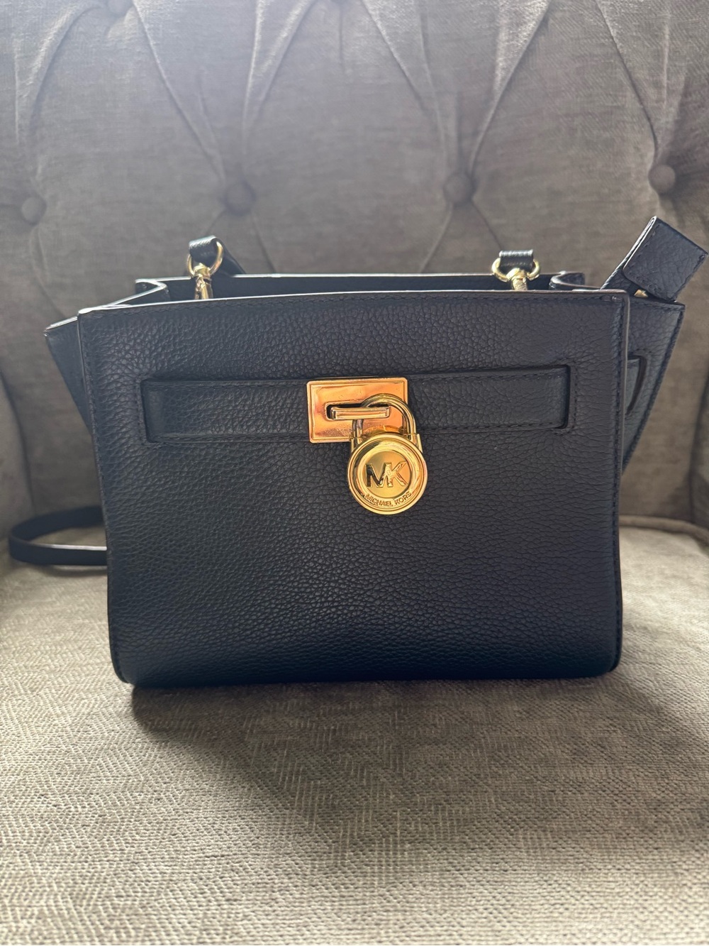 Michael Kors Navy Pebbled Leather Crossbody with Gold Medallion Charm